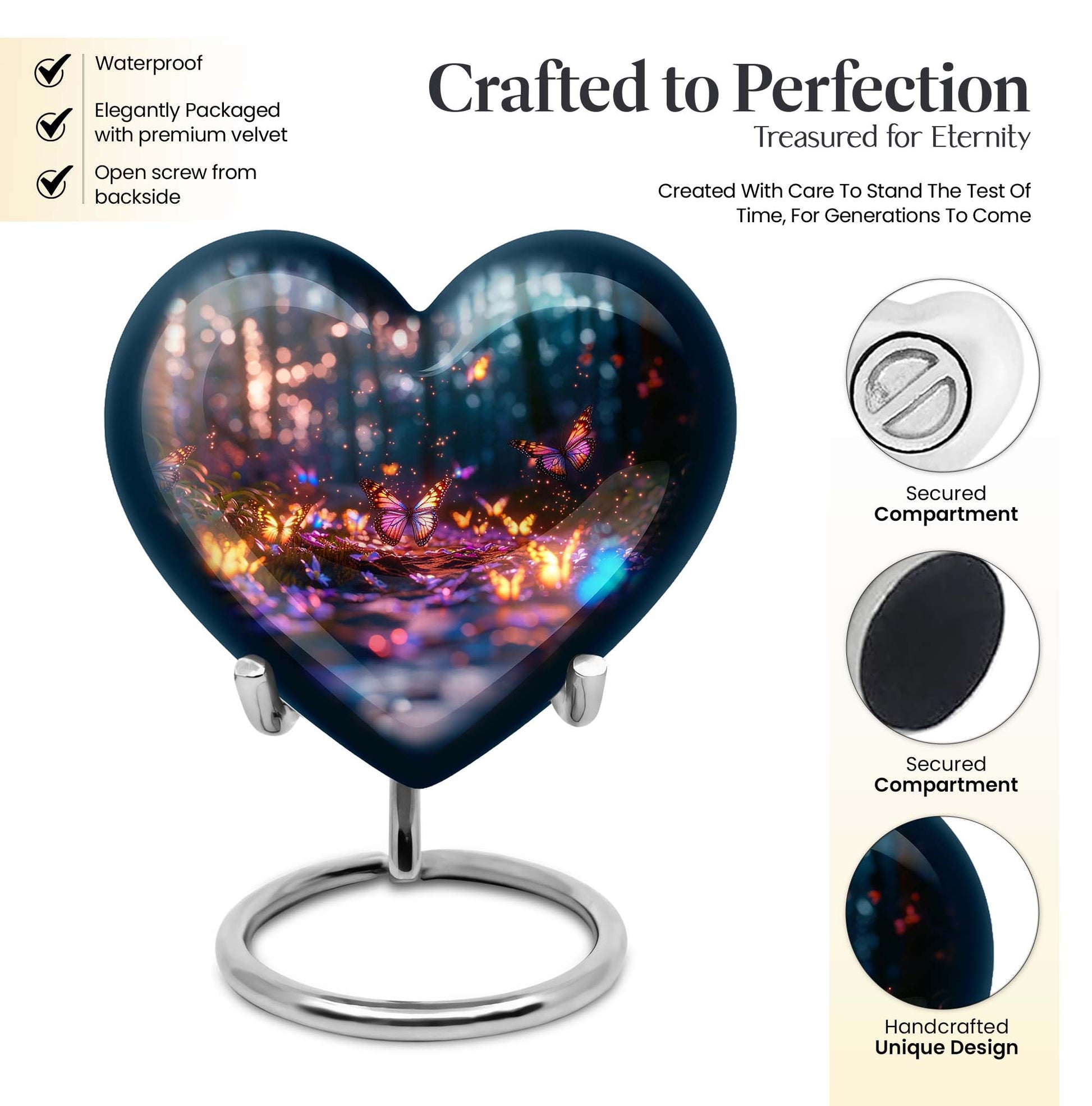 heart urn, butterfly design