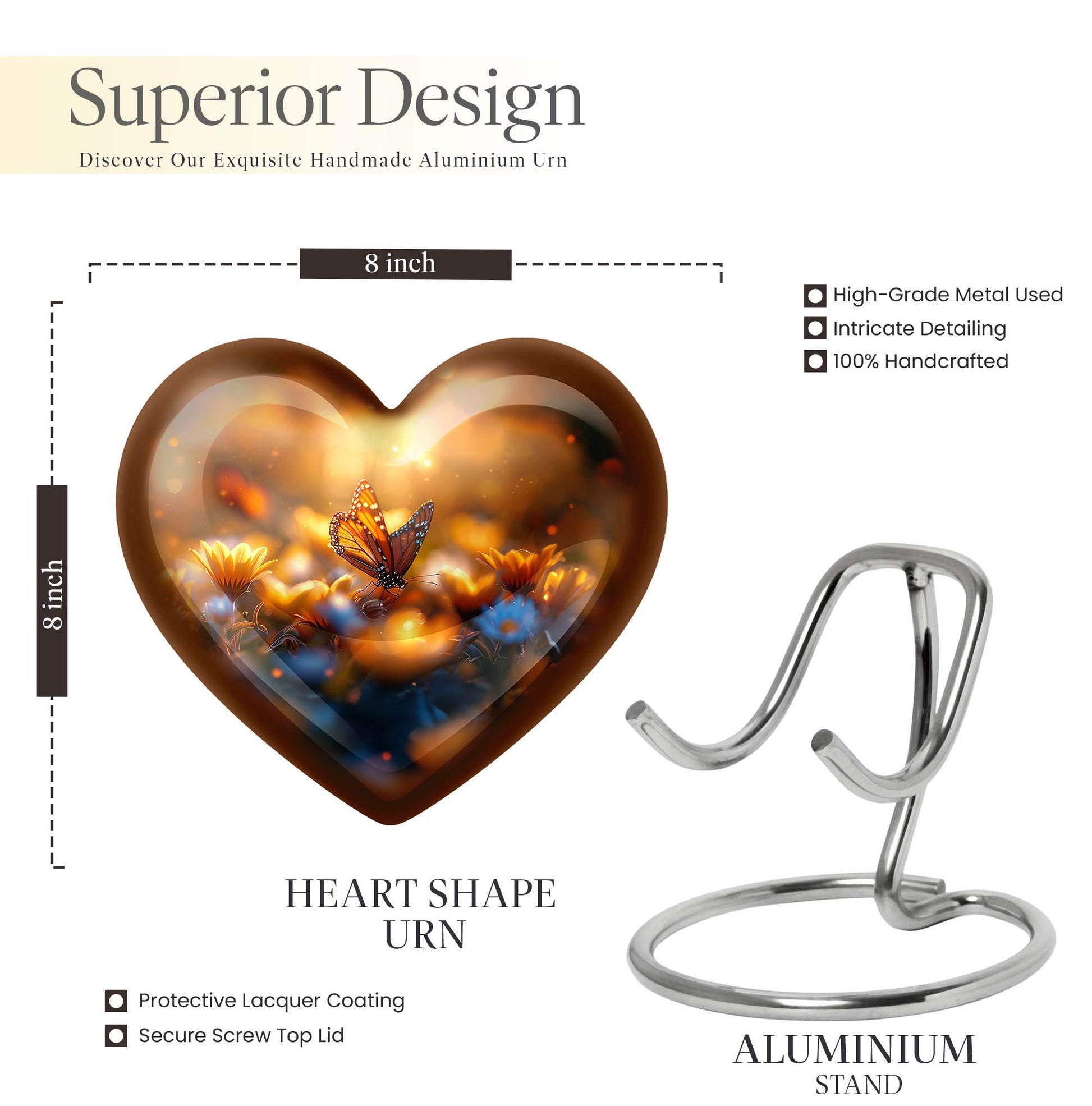 Heart-shaped butterfly urn made of for adult's ashes, 