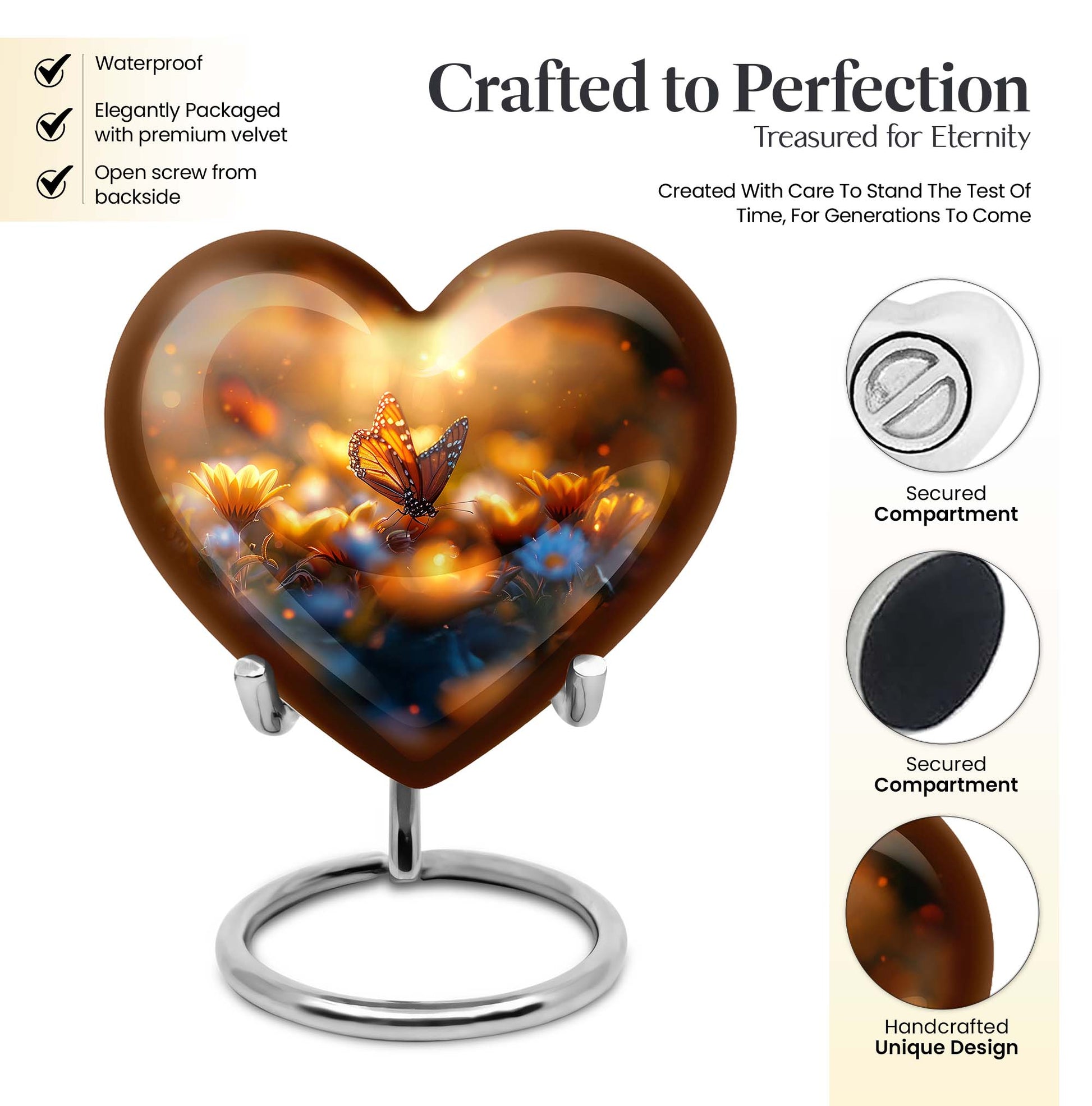 Heart-shaped butterfly urn made of for adult's ashes, 