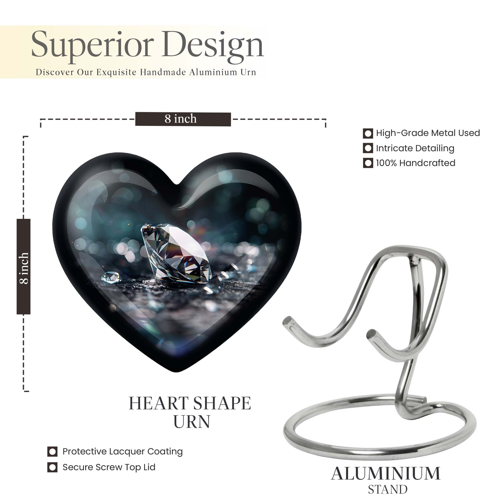 10-inch heart-shaped diamond cremation urn
