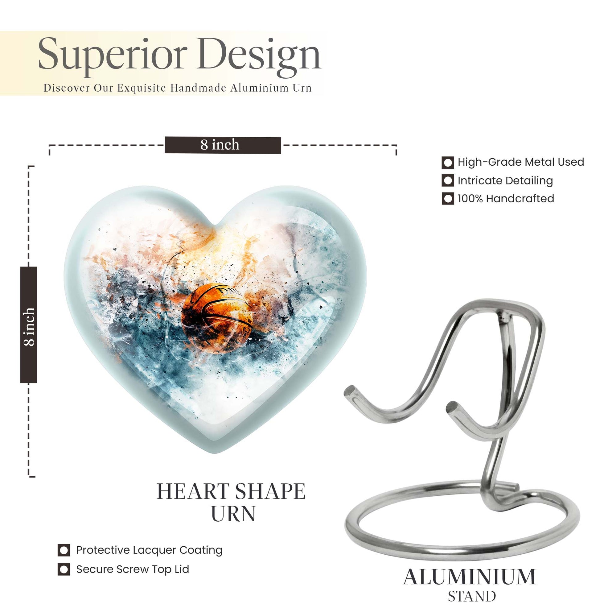 10-inch heart-themed basketball urn