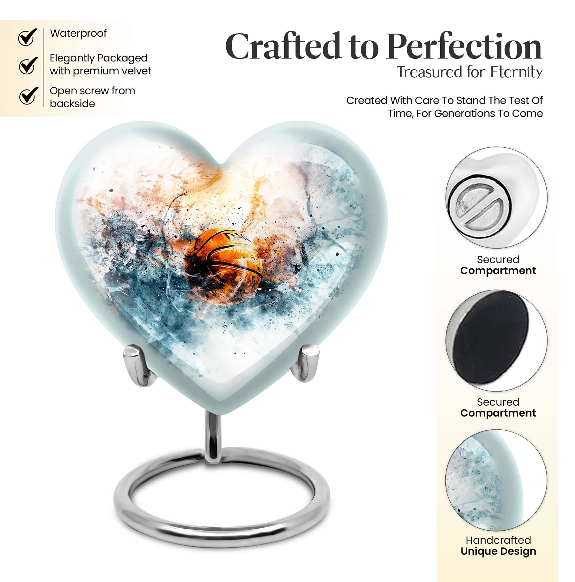 10-inch heart-themed basketball urn