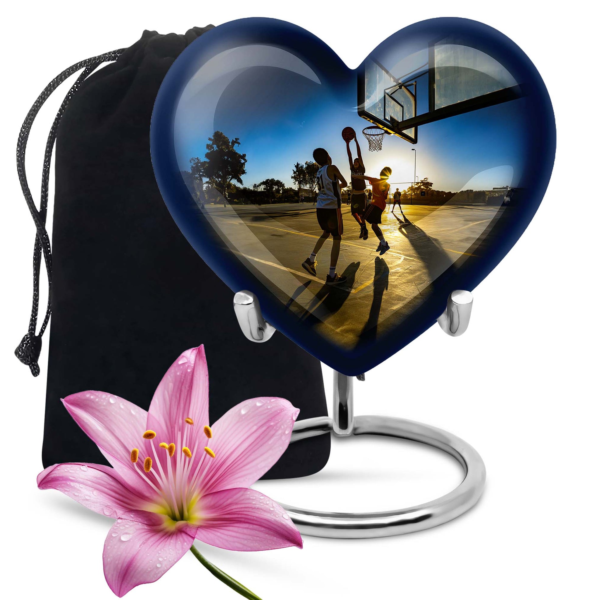 basketball-themed heart-shaped memorial urn for ashes