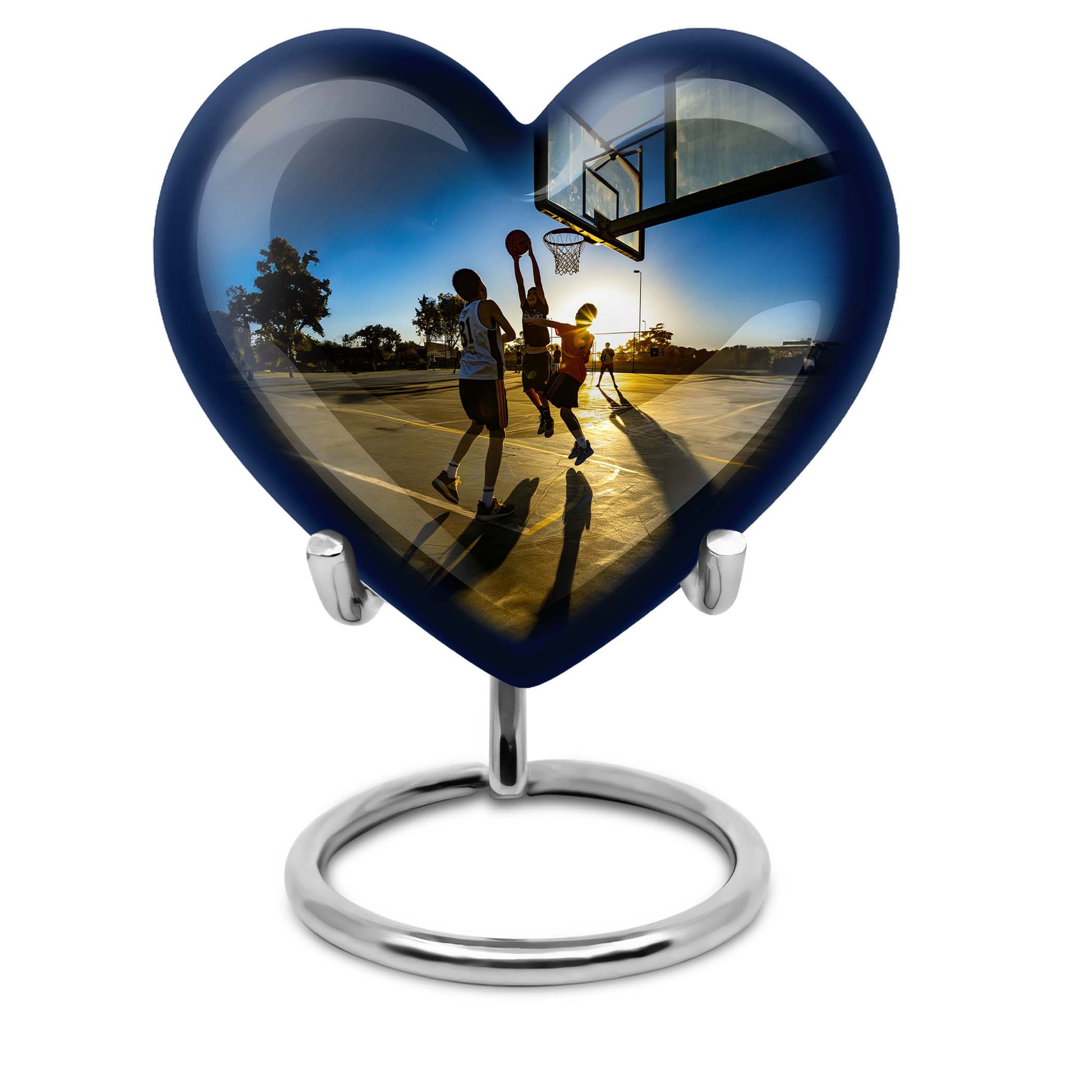 basketball-themed heart-shaped memorial urn for ashes