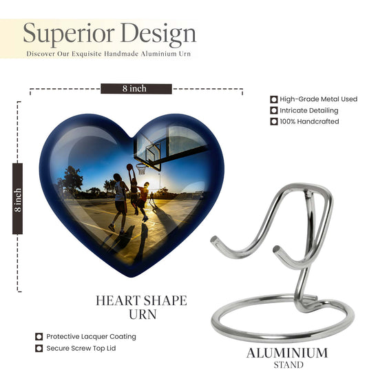 basketball-themed heart-shaped memorial urn for ashes