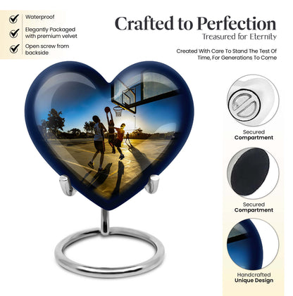 basketball-themed heart-shaped memorial urn for ashes