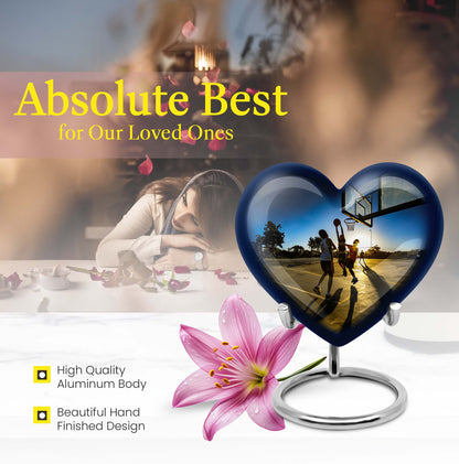 basketball-themed heart-shaped memorial urn for ashes