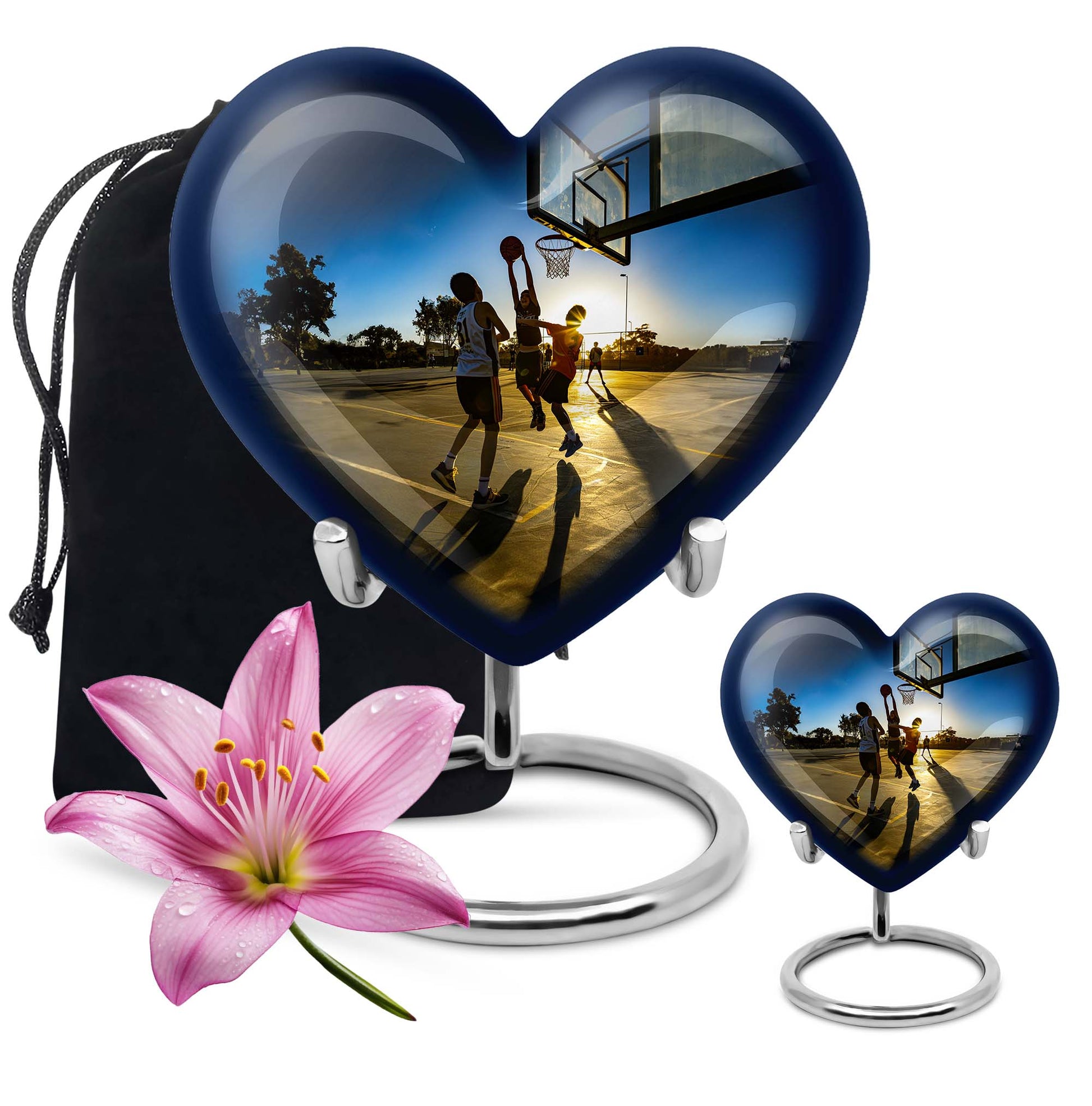 basketball-themed heart-shaped memorial urn for ashes