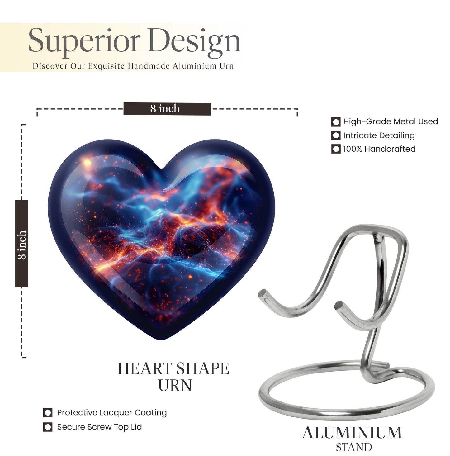 10-inch abstract heart design fire urn, handcrafted 