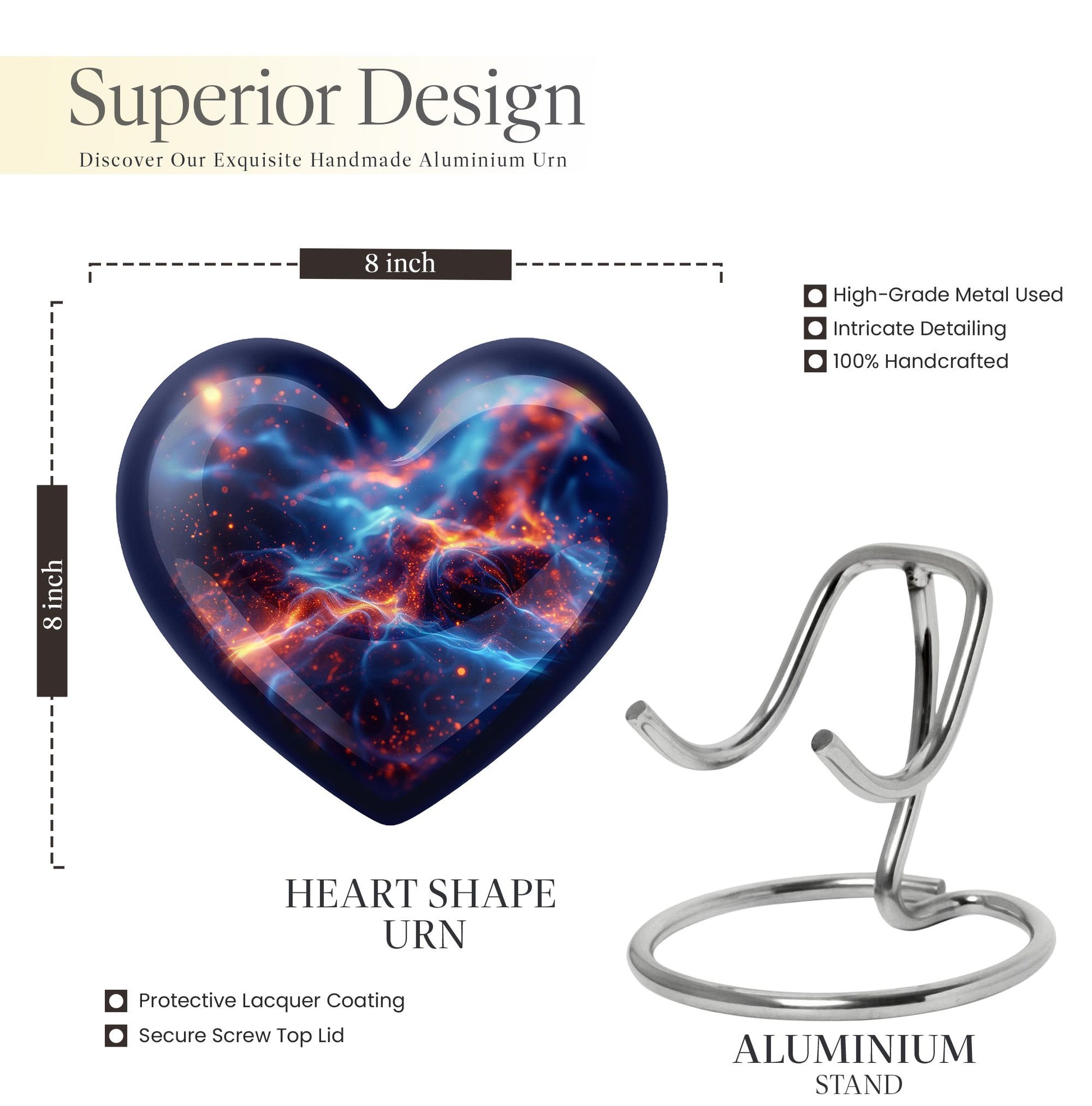 10-inch abstract heart design fire urn, handcrafted 