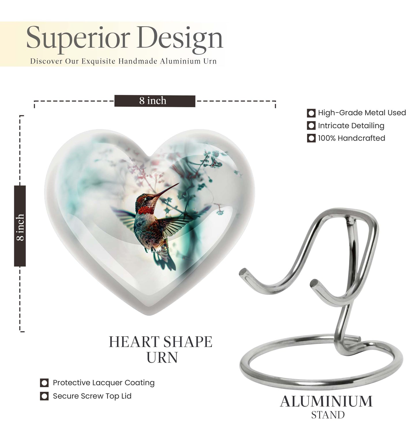 heart shaped humming bird urn for adult human ashes