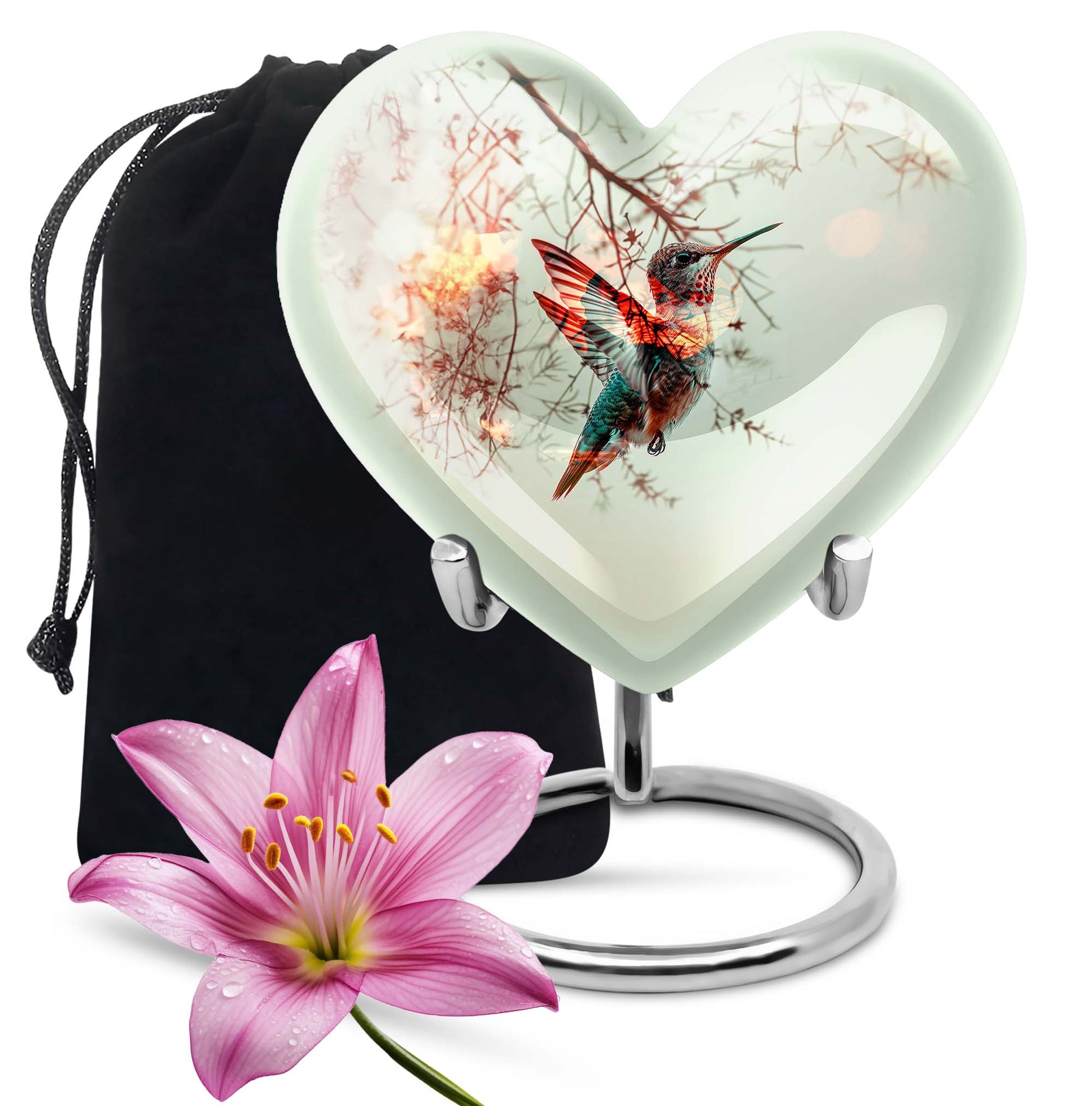 heart-shaped humming bird urn