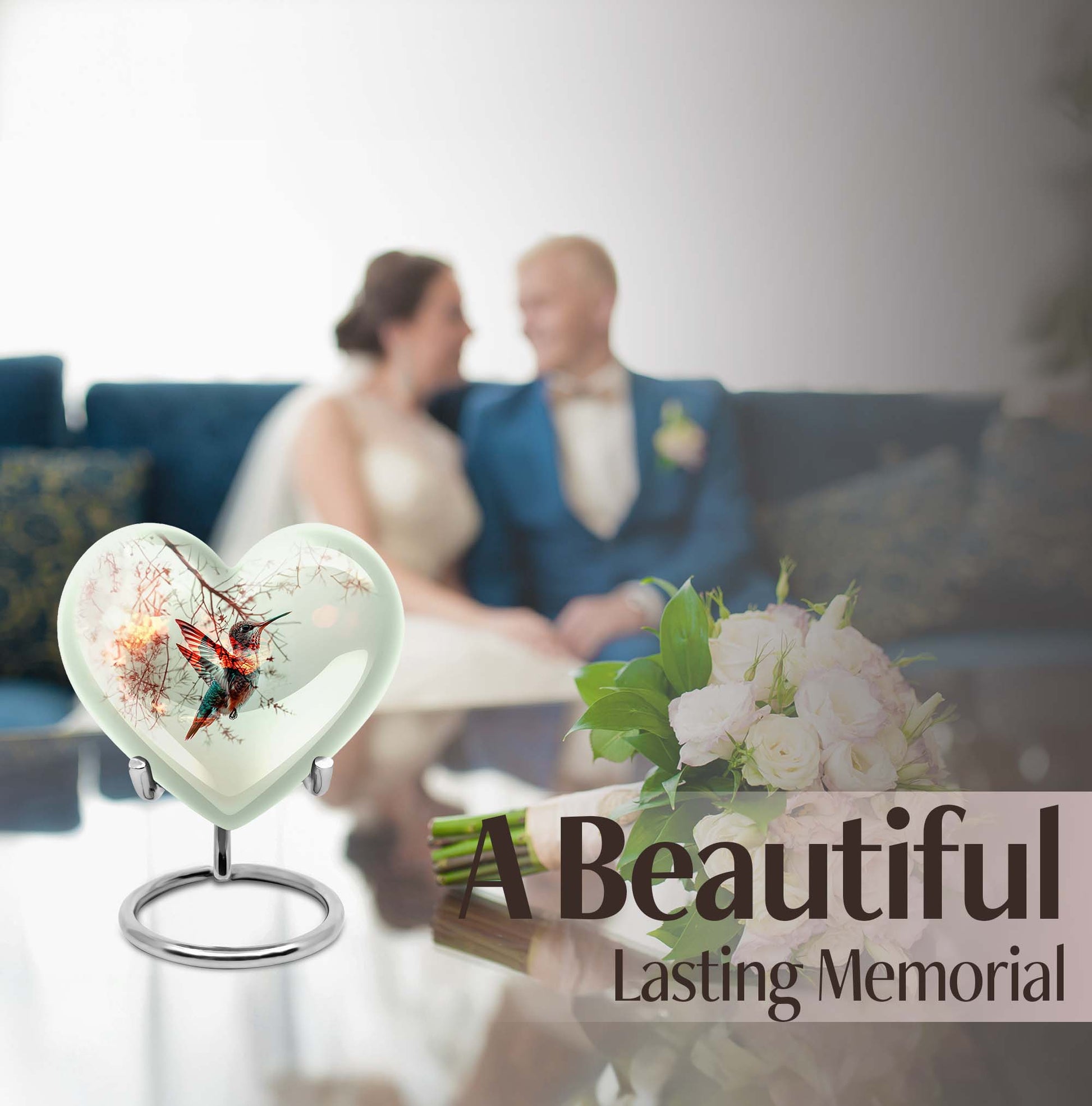 heart-shaped humming bird urn