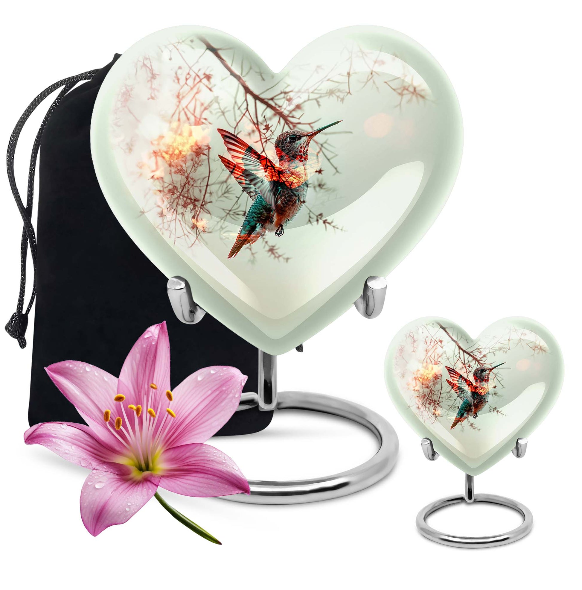 heart-shaped humming bird urn