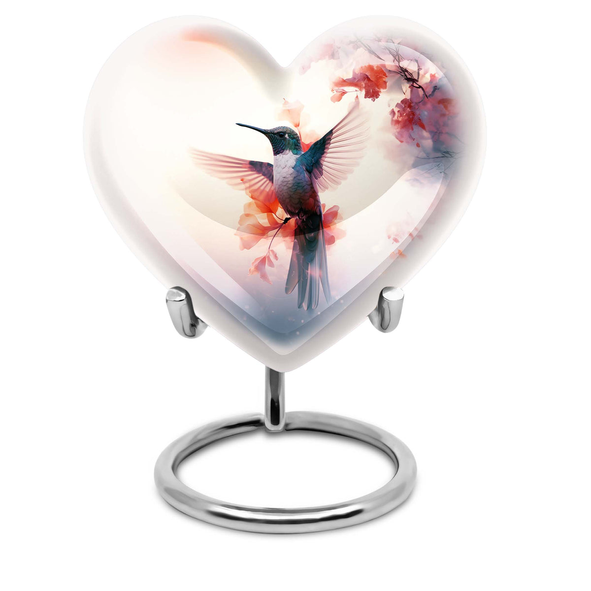Hummingbird Urn for Human Ashes with Pink Floral Accents, White Memorial Urn