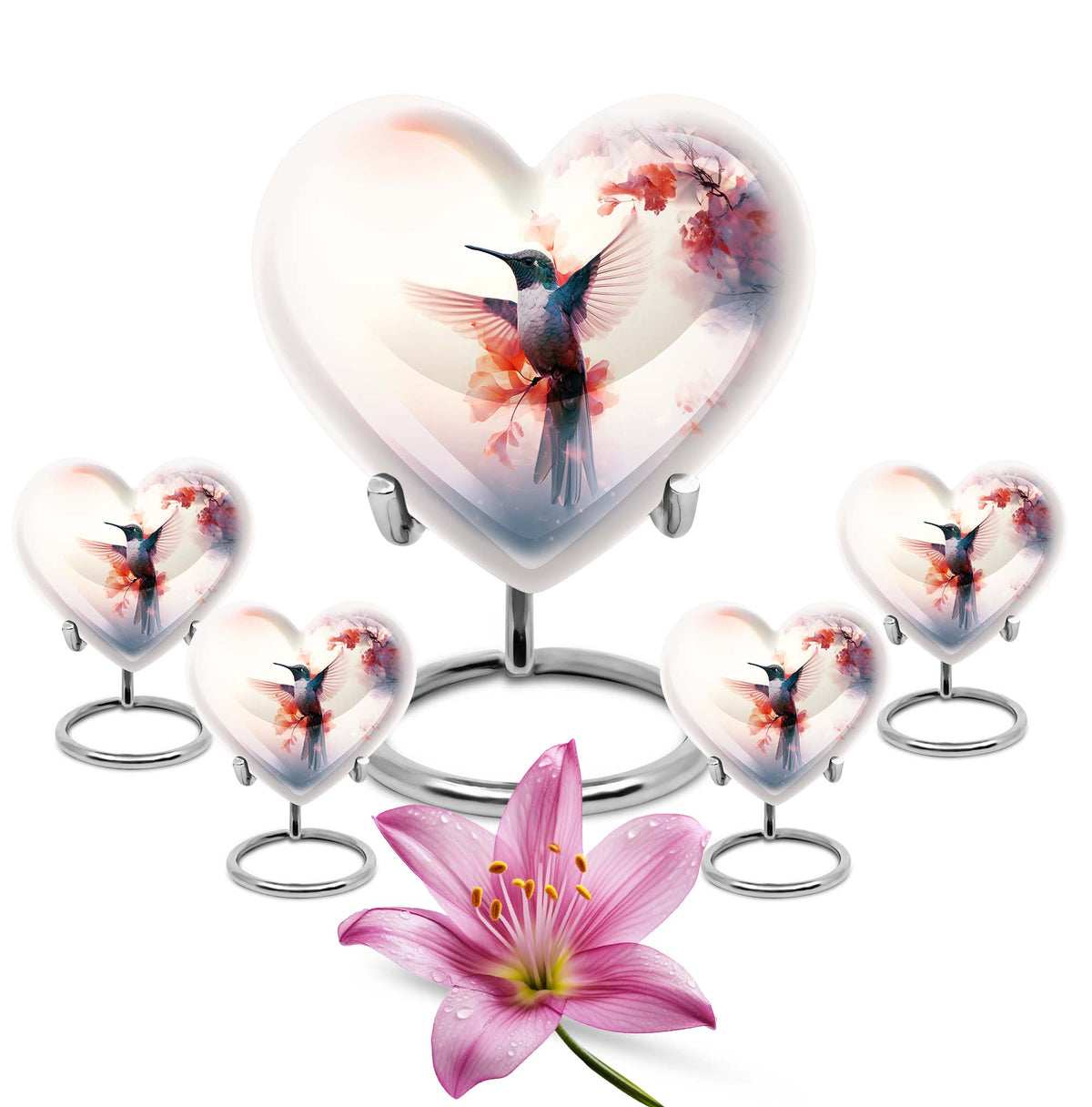 Hummingbird Urn for Human Ashes with Pink Floral Accents, White Memorial Urn