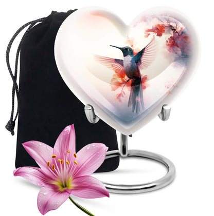 Hummingbird Urn for Human Ashes with Pink Floral Accents, White Memorial Urn