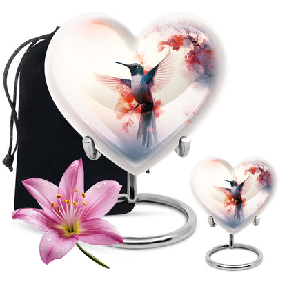 Hummingbird Urn for Human Ashes with Pink Floral Accents, White Memorial Urn