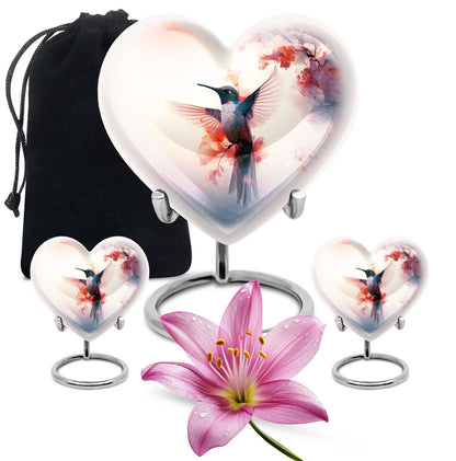 Hummingbird Urn for Human Ashes with Pink Floral Accents, White Memorial Urn