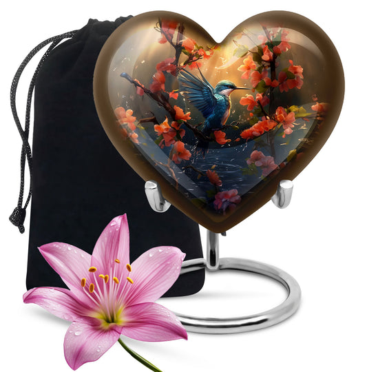 Heart-shaped 10 inch humming bird urn