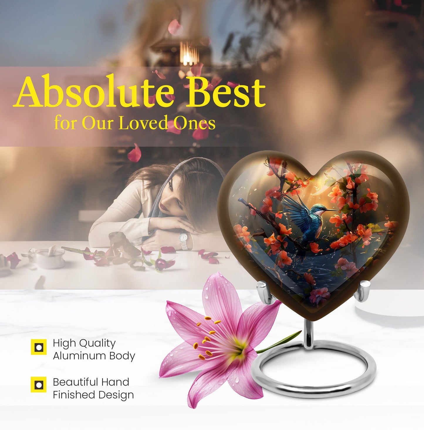 Heart-shaped 10 inch humming bird urn