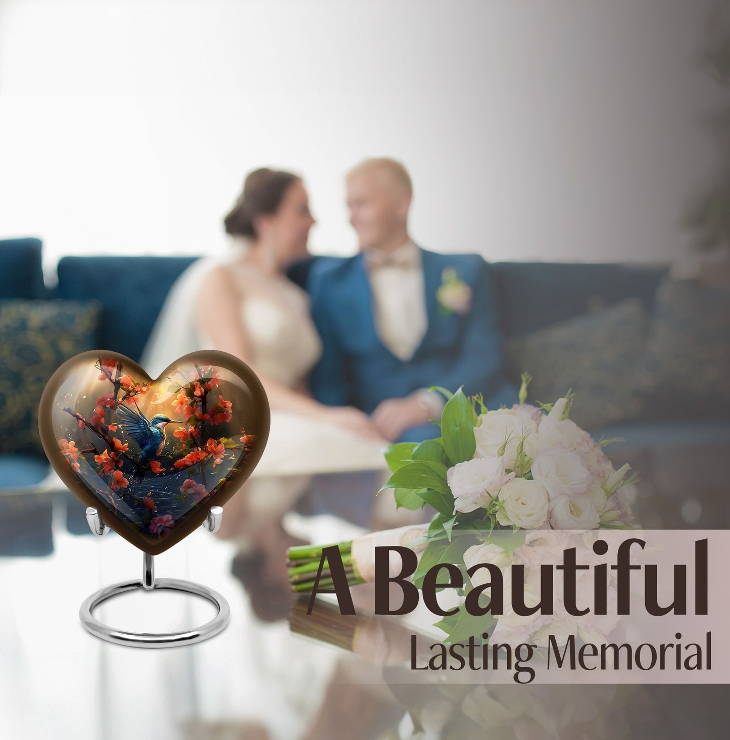 Heart-shaped 10 inch humming bird urn