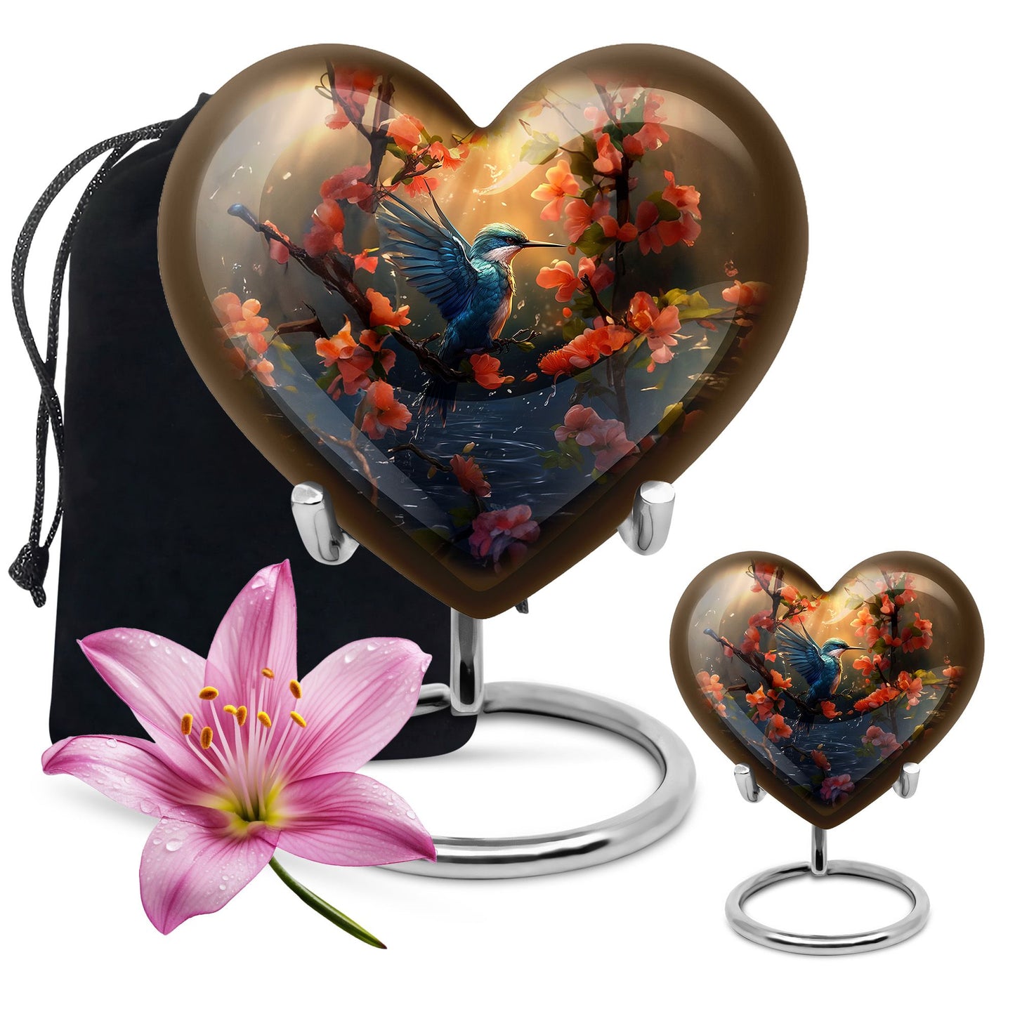 Heart-shaped 10 inch humming bird urn