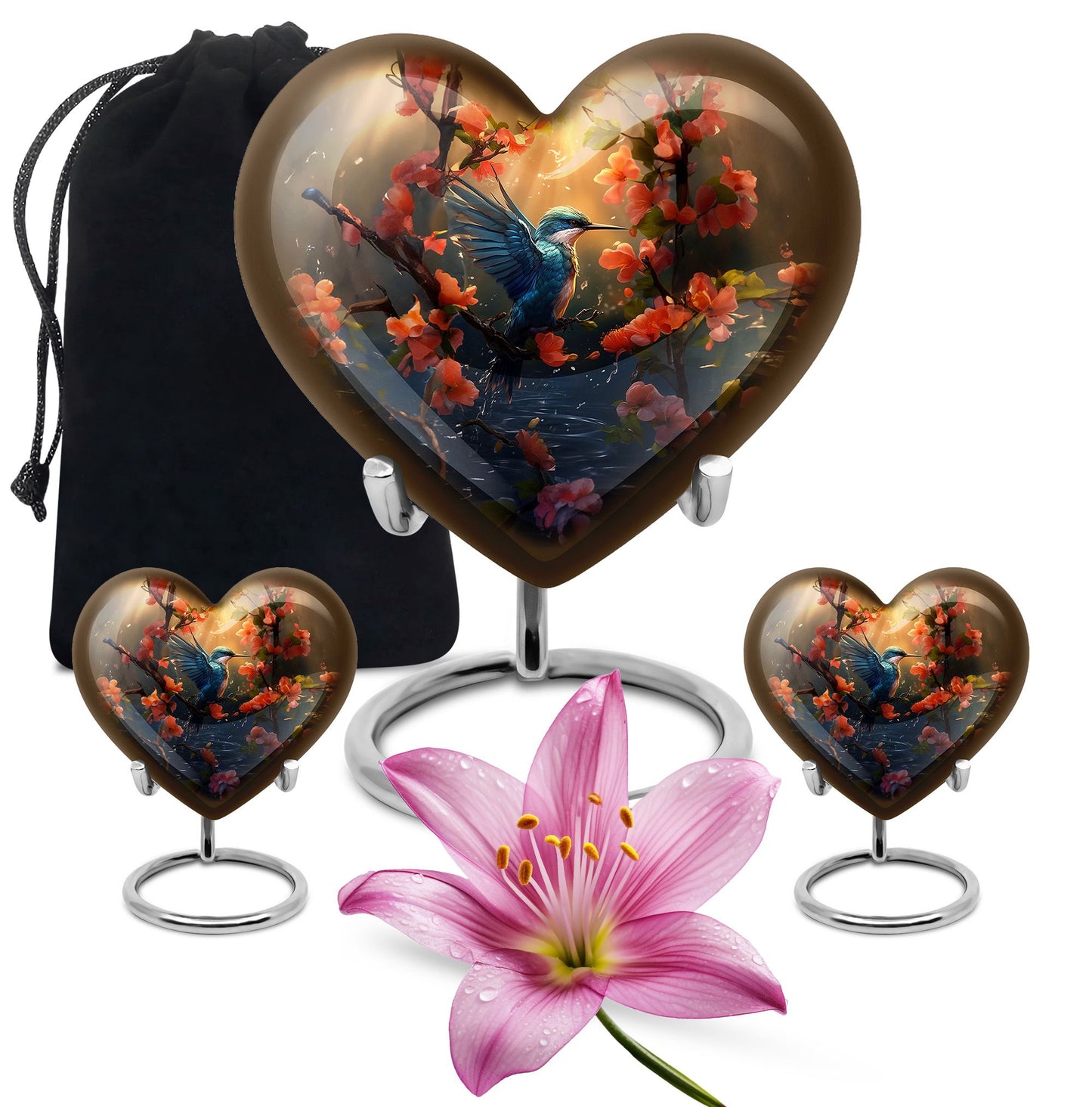 Heart-shaped 10 inch humming bird urn