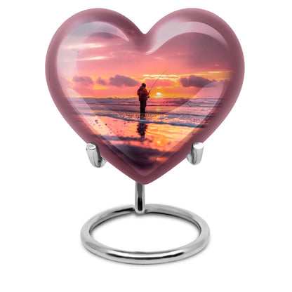 Fishing Urn for Pet Ashes, Angler with Rod at Pink Sunset, Memorial Urn