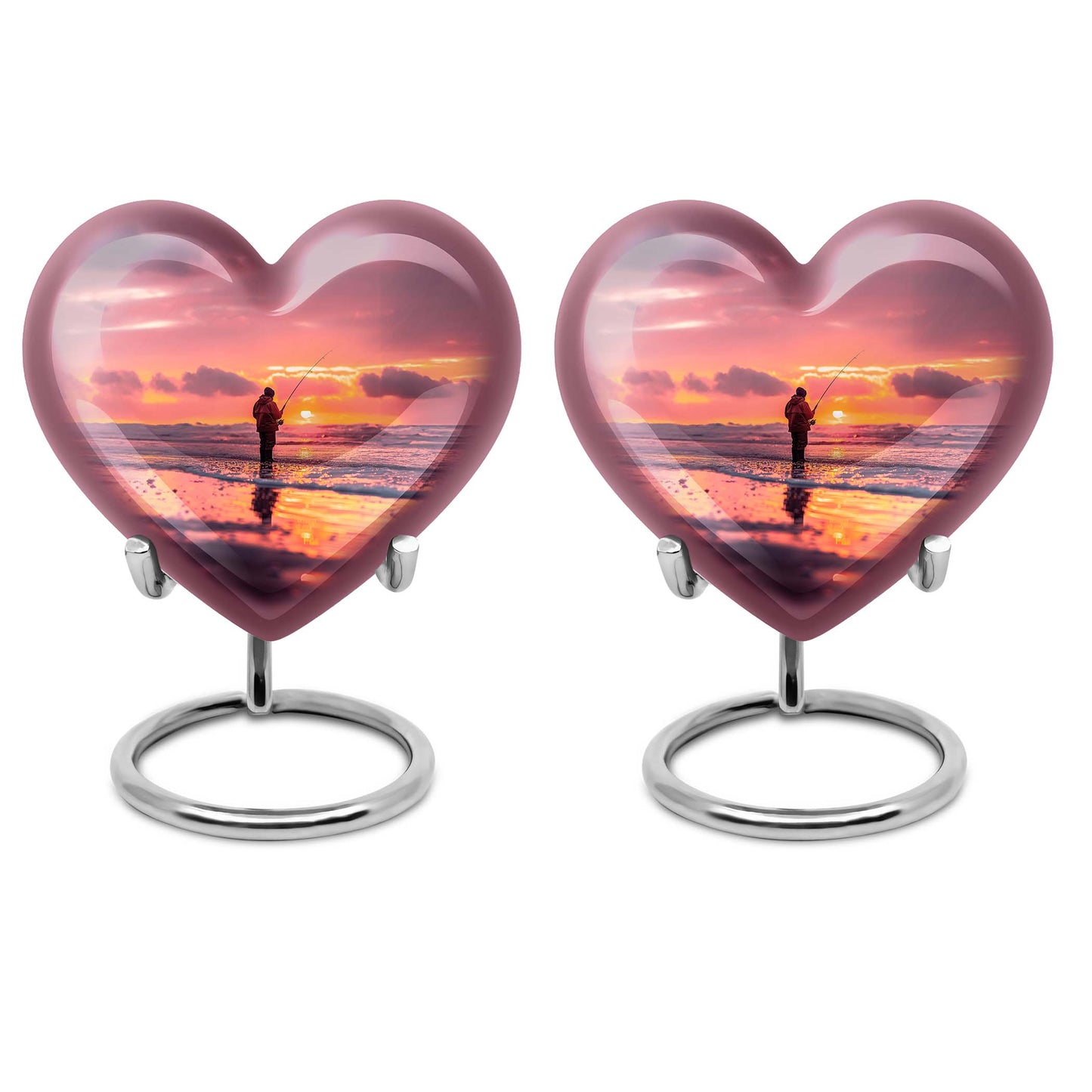 Fishing Urn for Pet Ashes, Angler with Rod at Pink Sunset, Memorial Urn