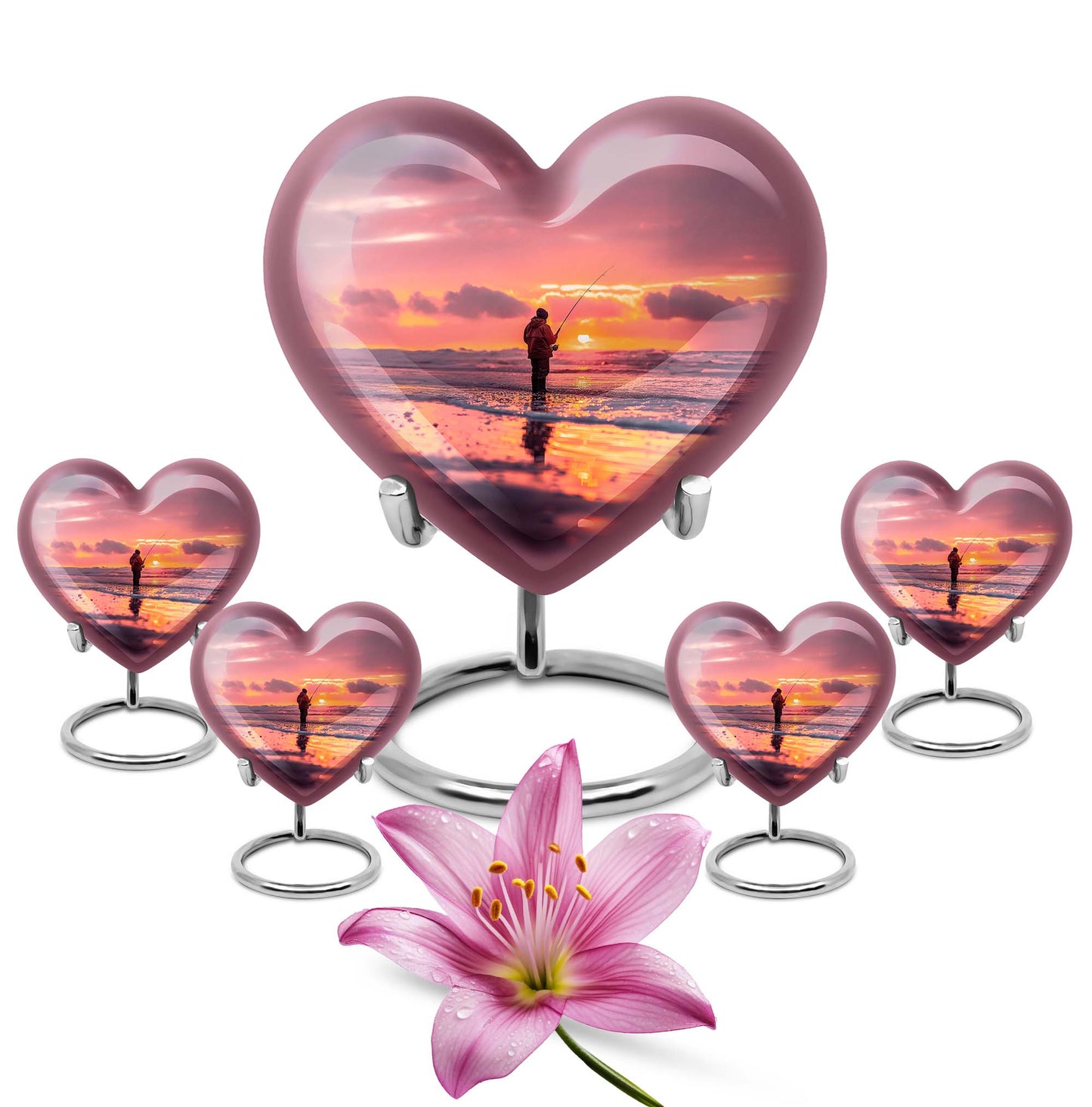 Fishing Urn for Pet Ashes, Angler with Rod at Pink Sunset, Memorial Urn