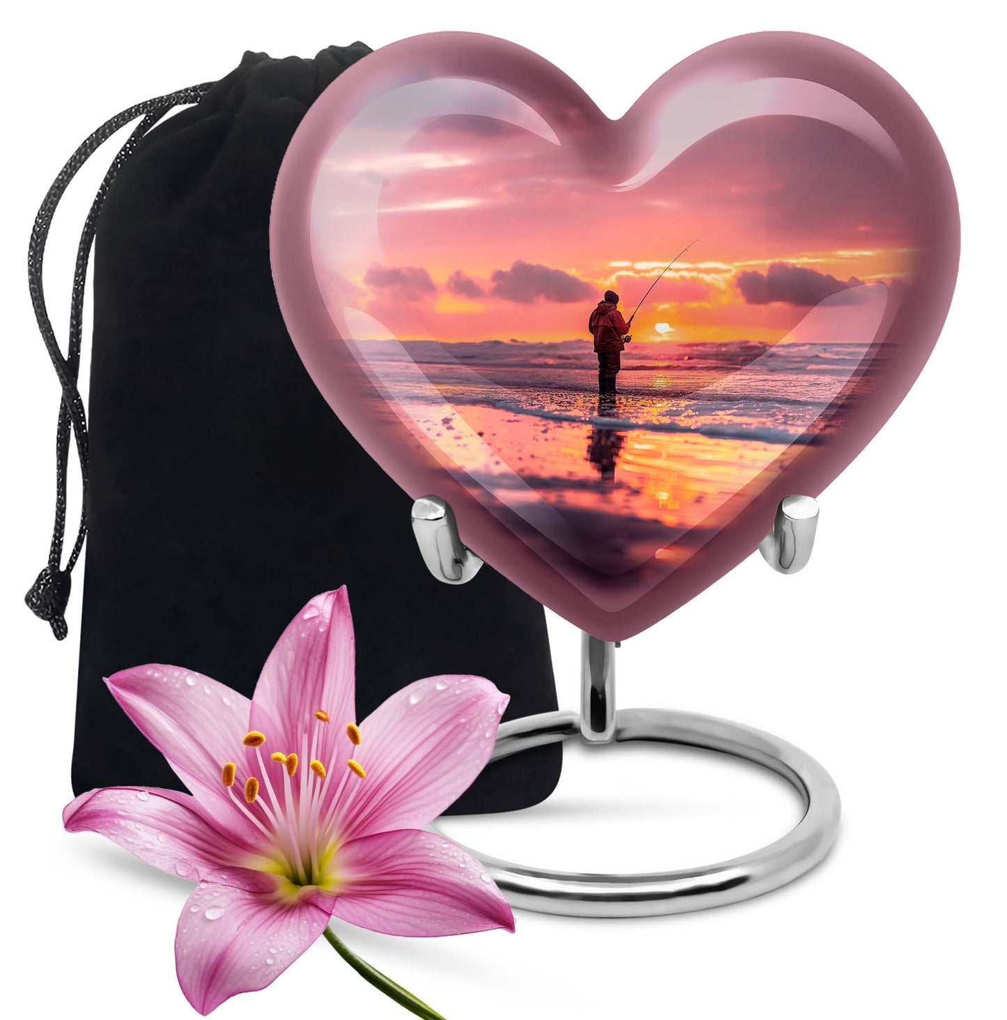 Fishing Urn for Pet Ashes, Angler with Rod at Pink Sunset, Memorial Urn