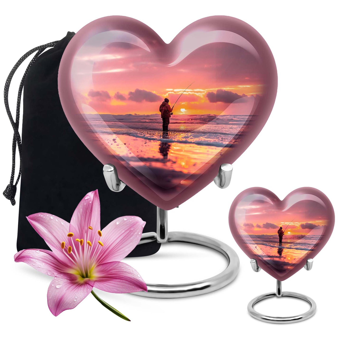 Fishing Urn for Pet Ashes, Angler with Rod at Pink Sunset, Memorial Urn