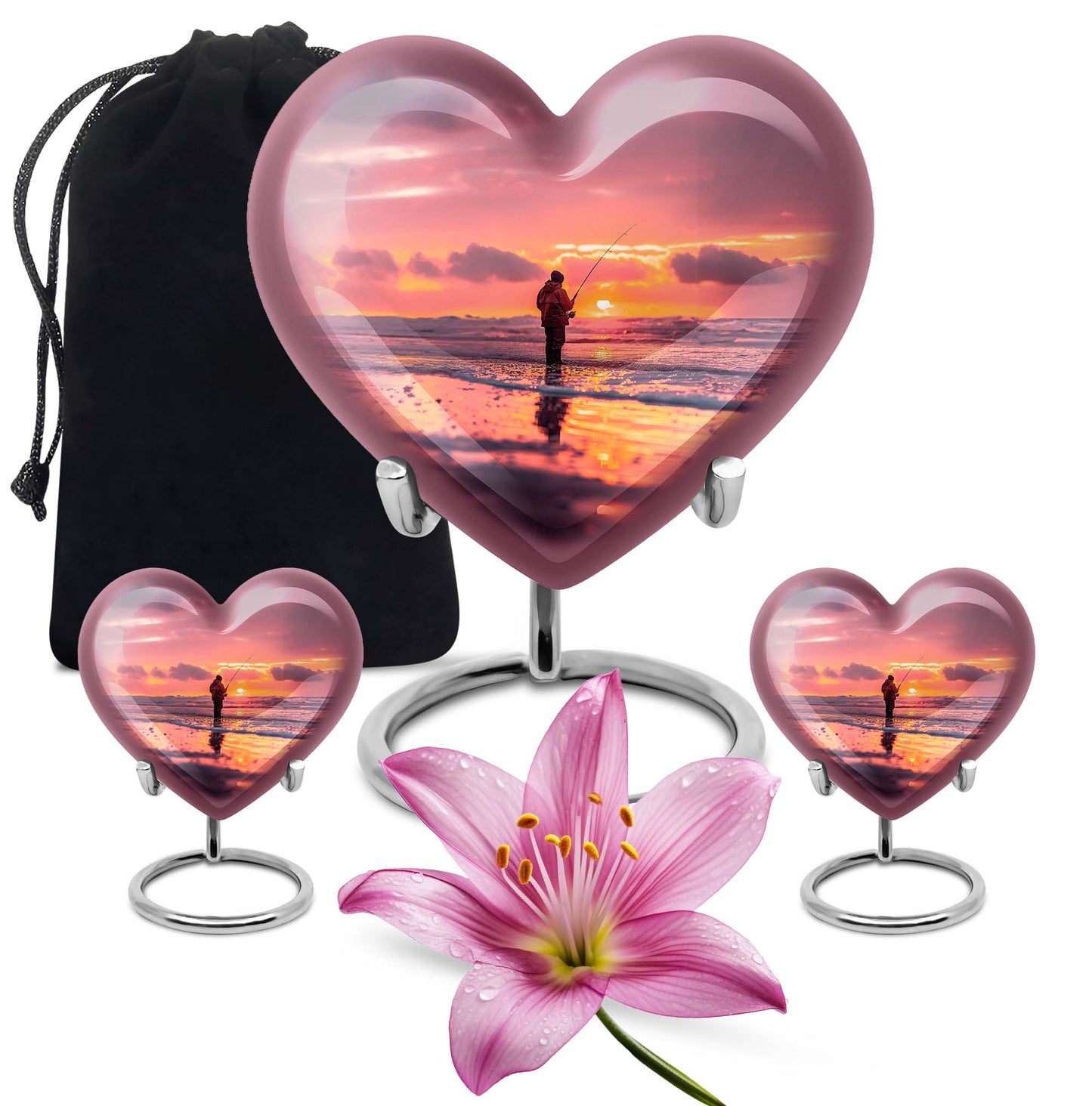 Fishing Urn for Pet Ashes, Angler with Rod at Pink Sunset, Memorial Urn