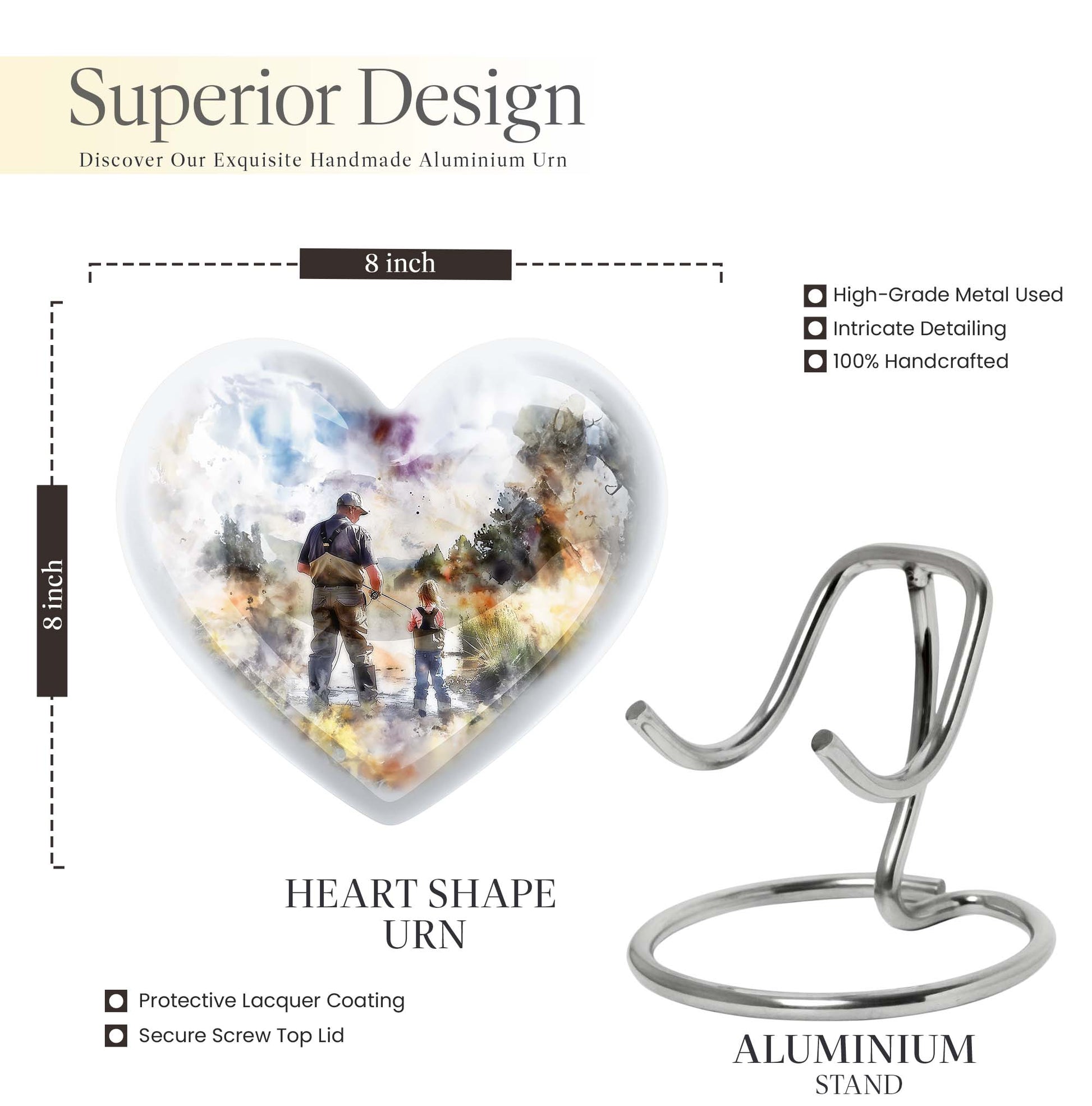 Heart Design Fishing Urn for Adult Human Ashes