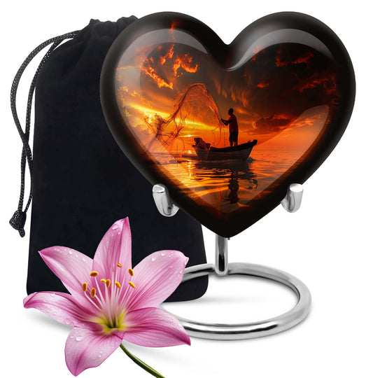 10-Inch Aluminum Heart Fishing Urn, Funeral Urn for Men 