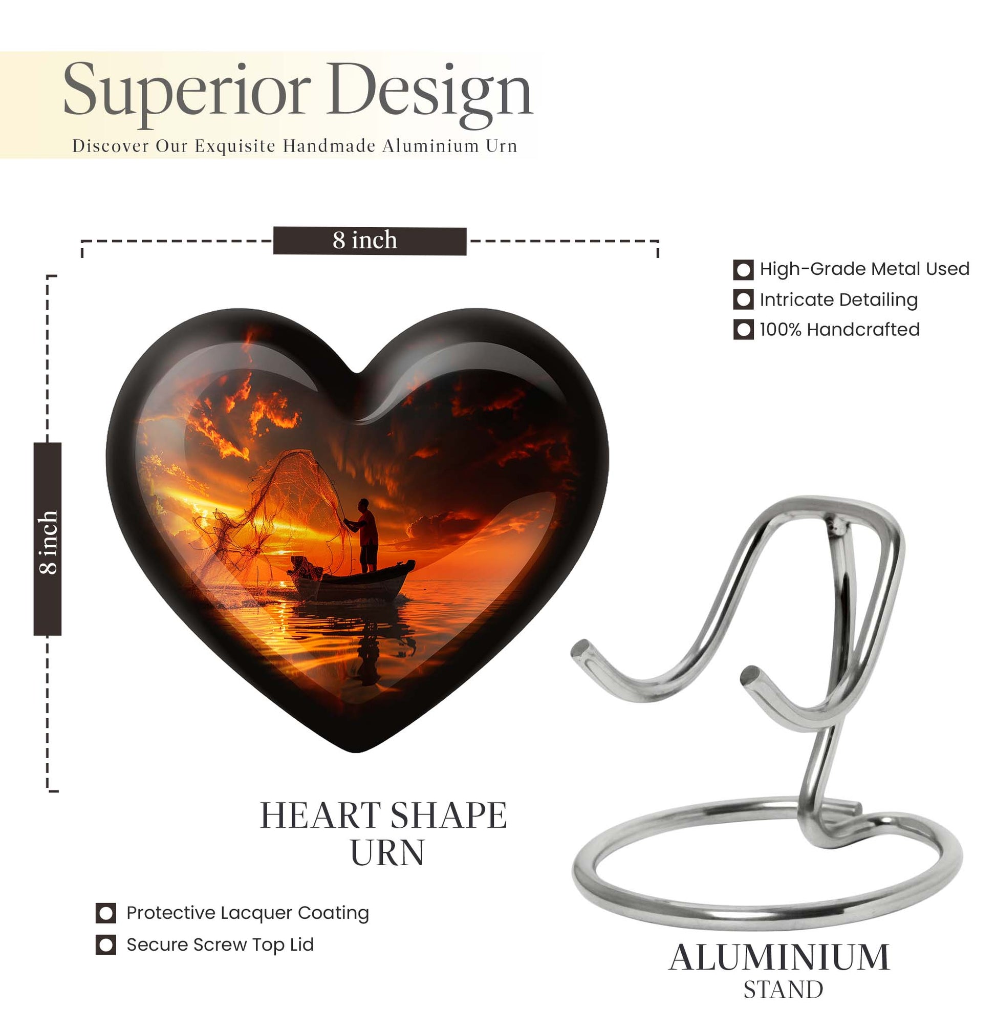 10-Inch Aluminum Heart Fishing Urn, Funeral Urn for Men 