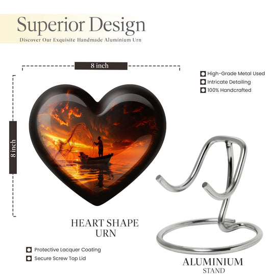 10-Inch Aluminum Heart Fishing Urn, Funeral Urn for Men 