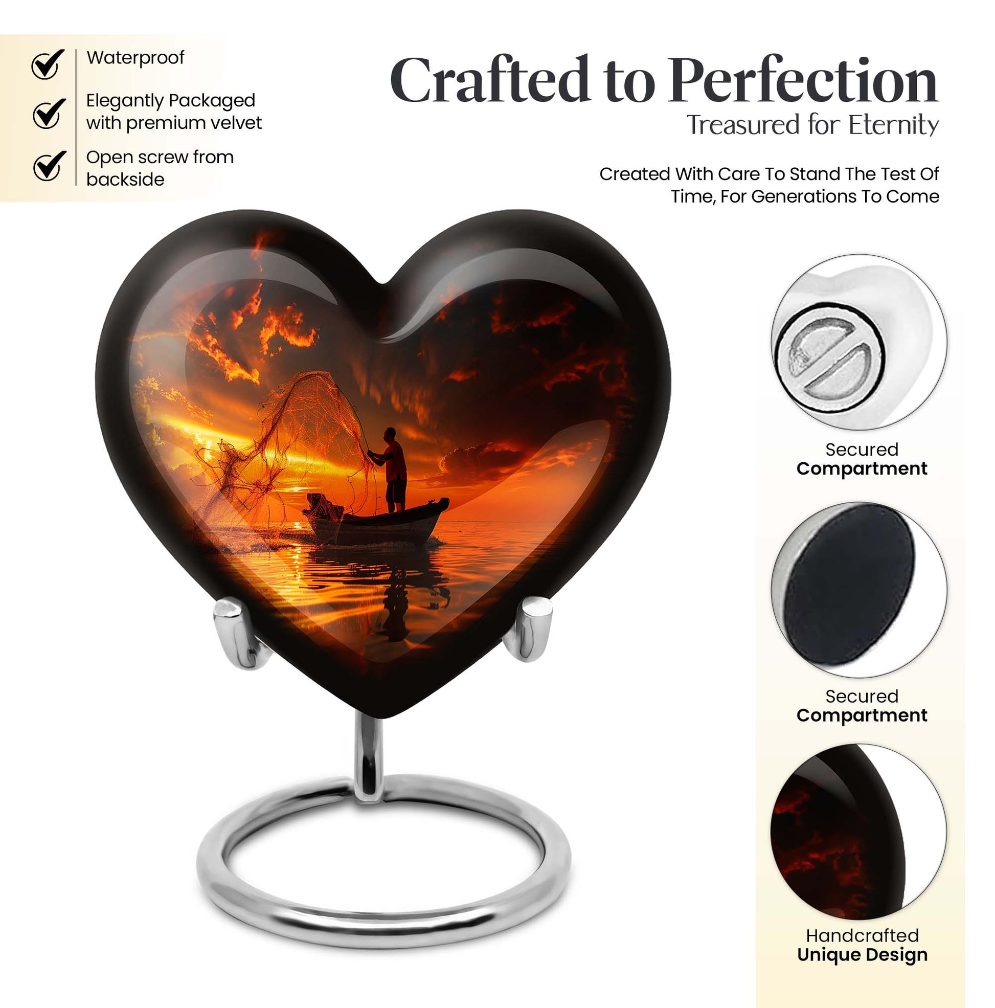 10-Inch Aluminum Heart Fishing Urn, Funeral Urn for Men 