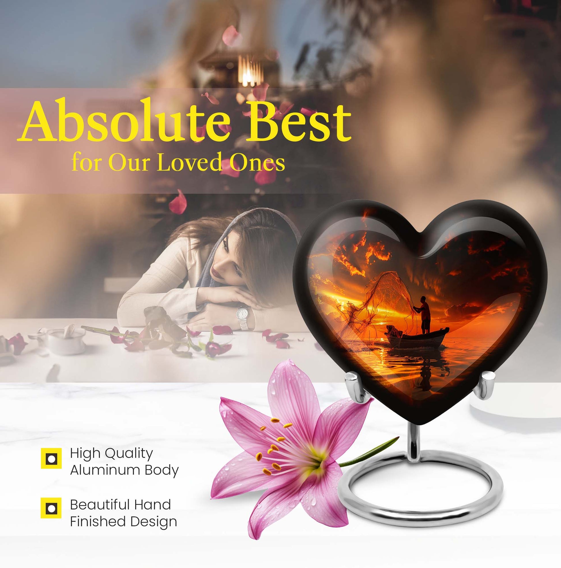 10-Inch Aluminum Heart Fishing Urn, Funeral Urn for Men 