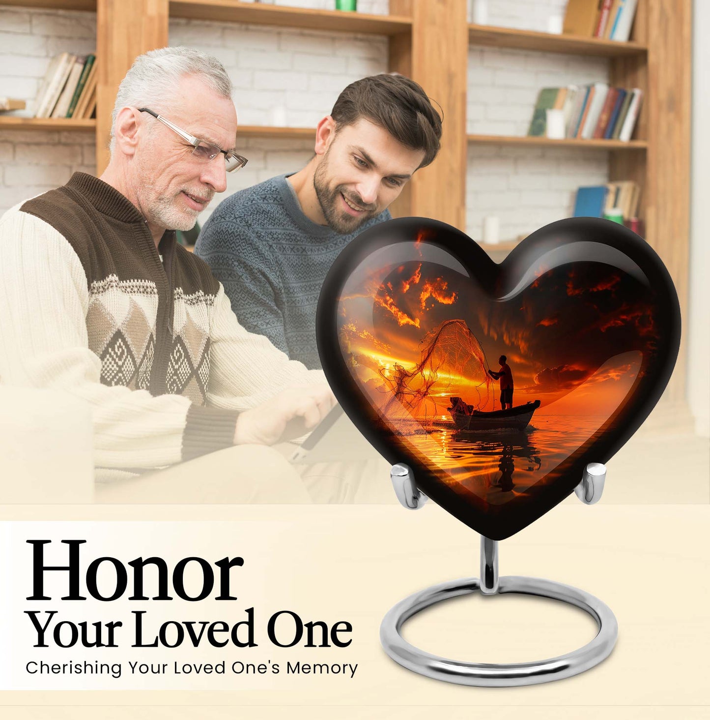 10-Inch Aluminum Heart Fishing Urn, Funeral Urn for Men 