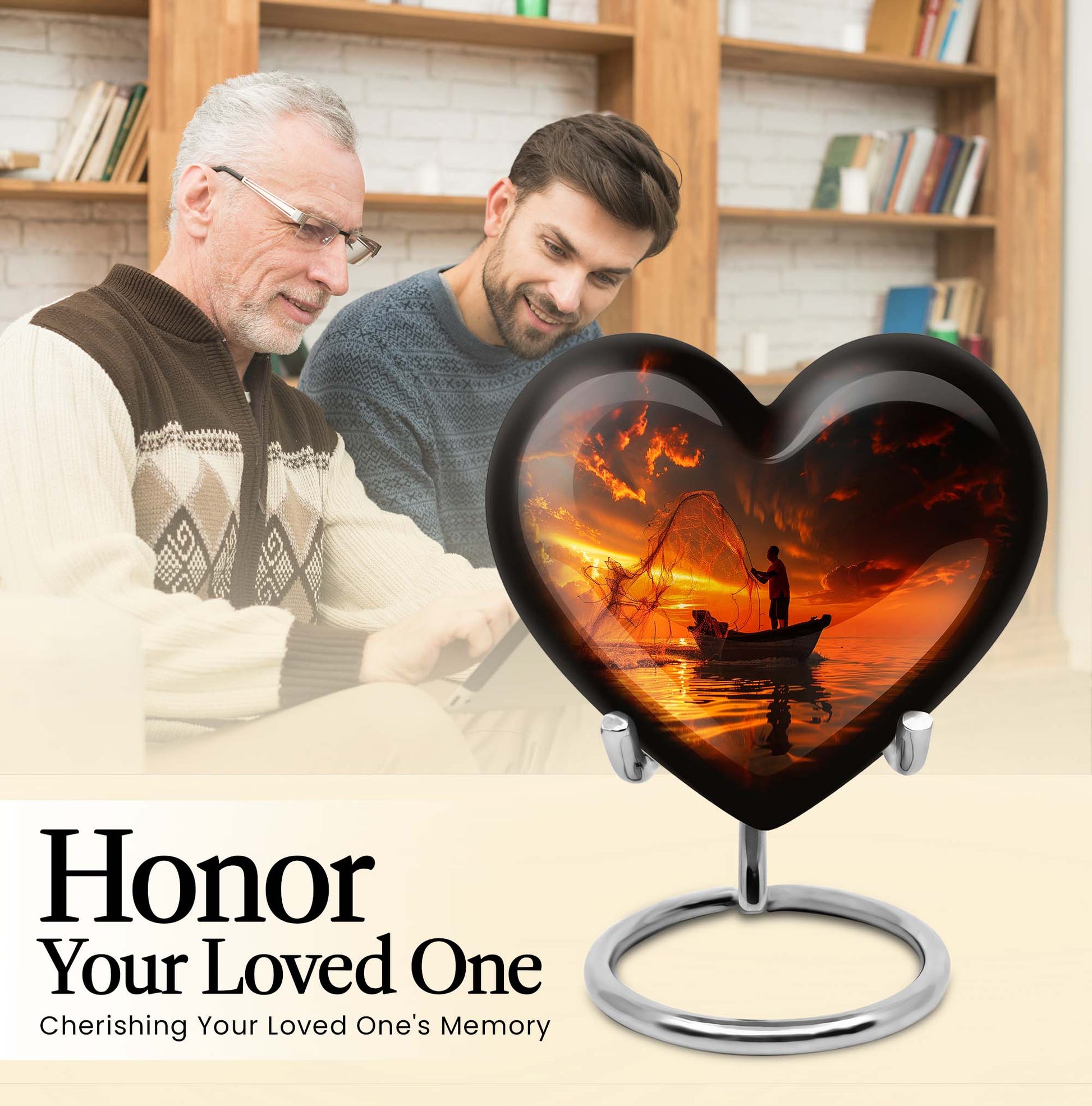 10-Inch Aluminum Heart Fishing Urn, Funeral Urn for Men 