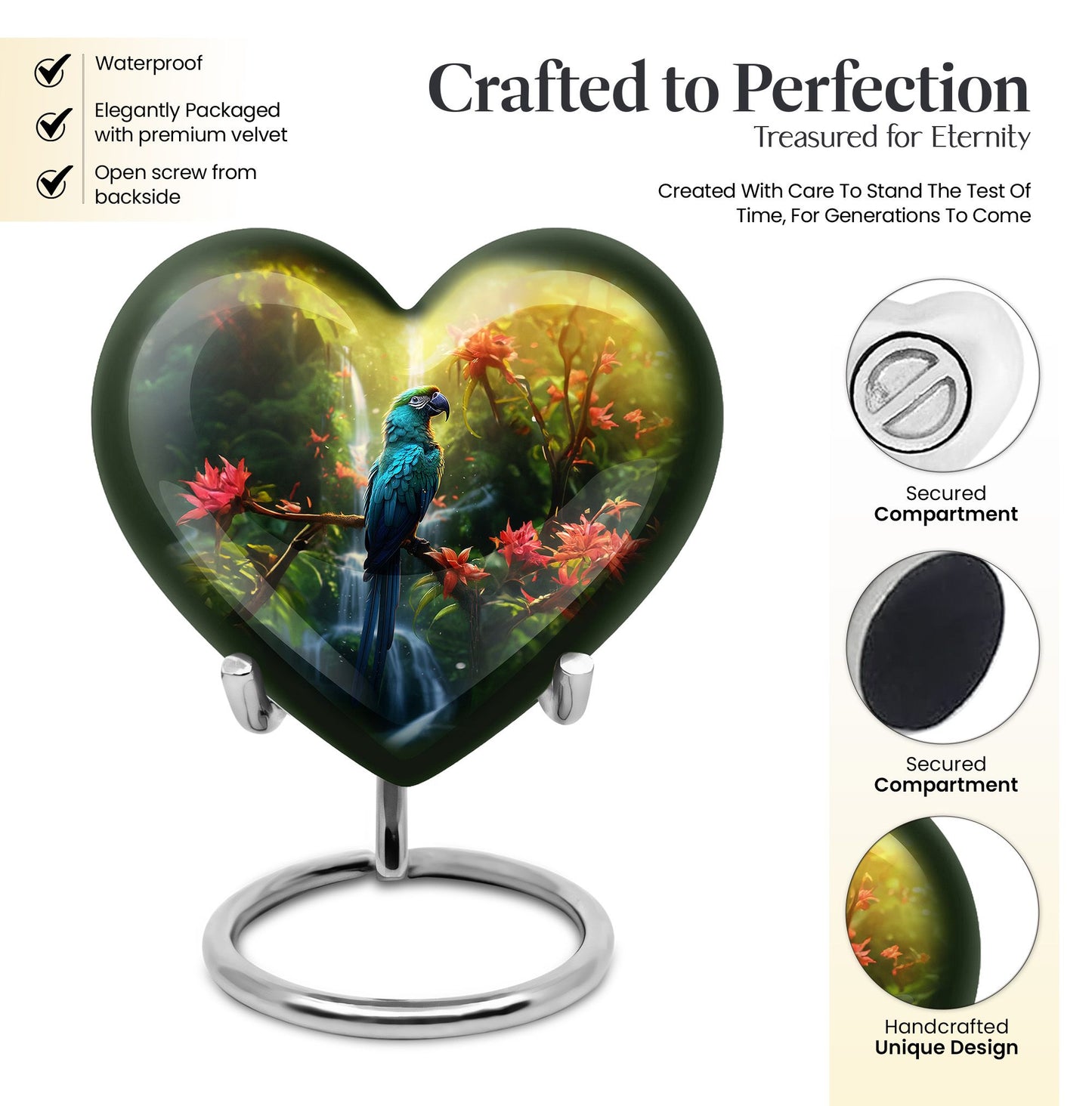 heart-shaped parrot urn for human ashes