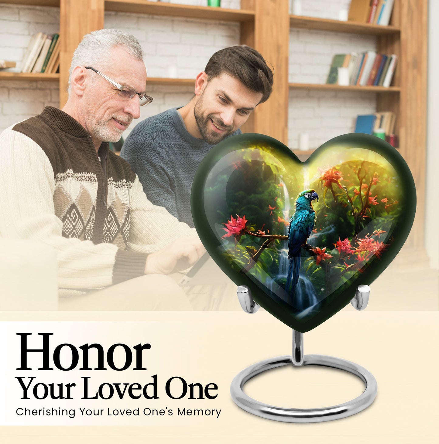 heart-shaped parrot urn for human ashes