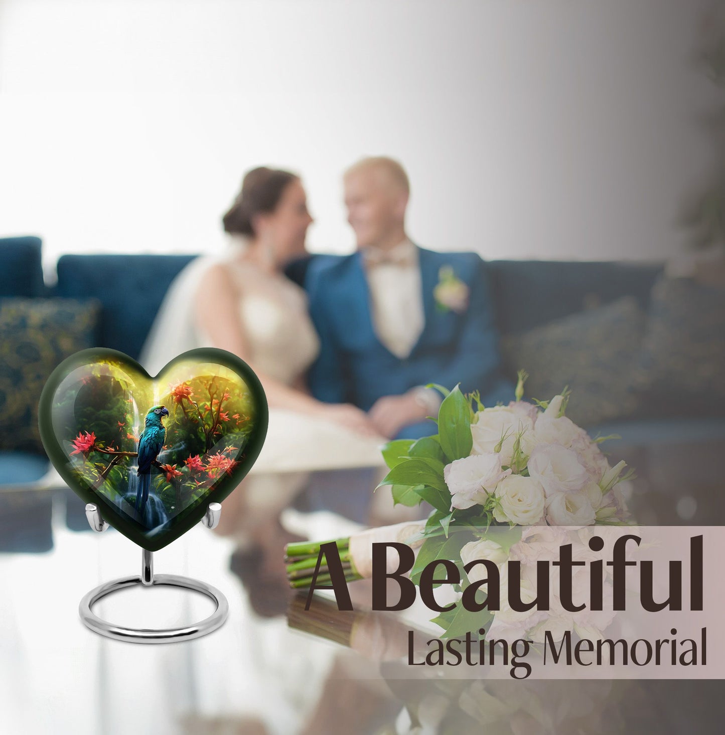 heart-shaped parrot urn for human ashes