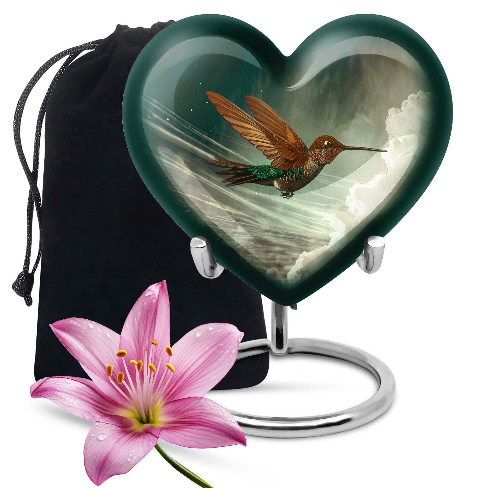 Heart-themed humming bird urn for adult male cremation