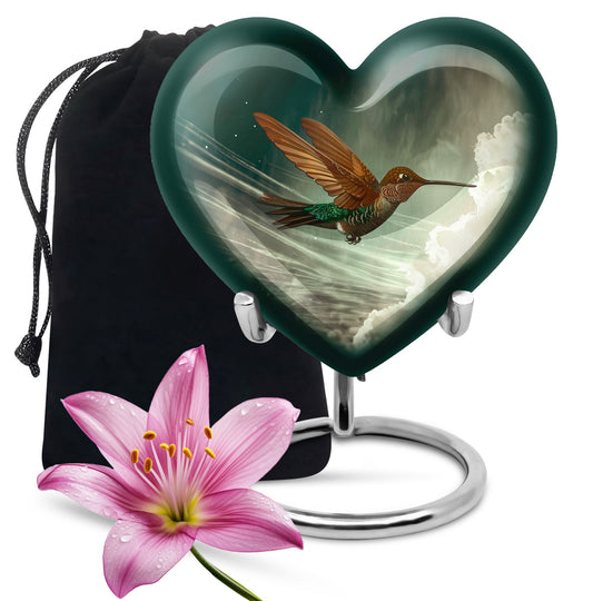 Heart-themed humming bird urn for adult male cremation
