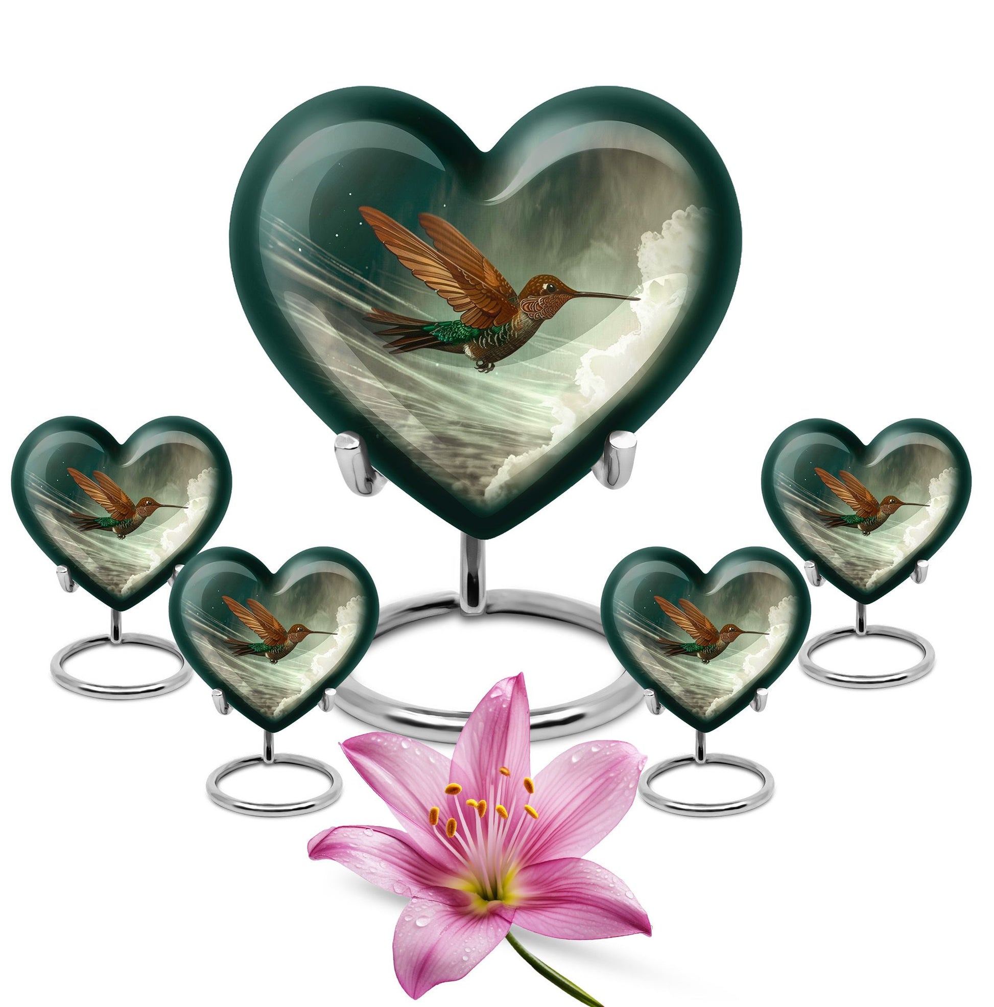 Heart-themed humming bird urn for adult male cremation