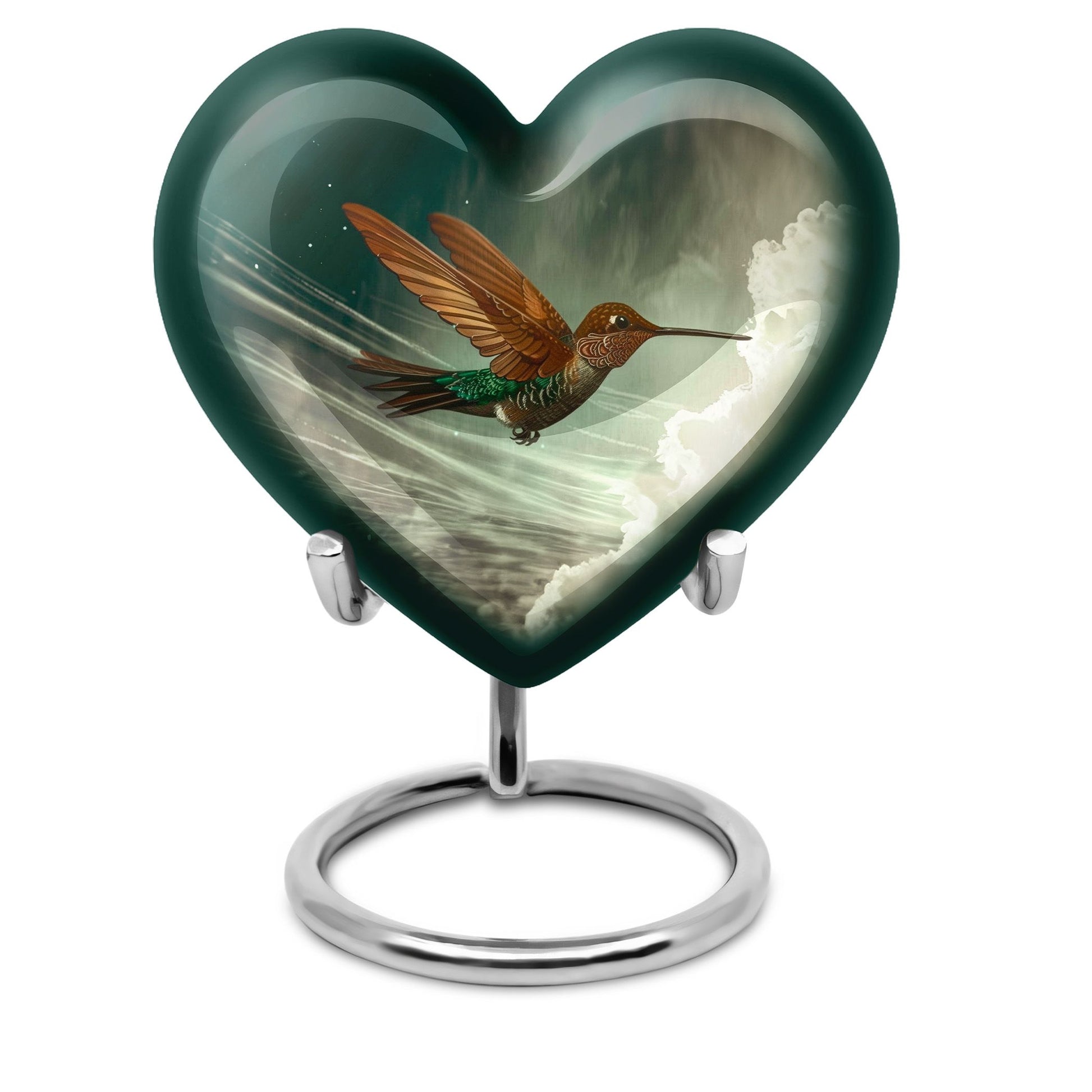 Heart-themed humming bird urn for adult male cremation