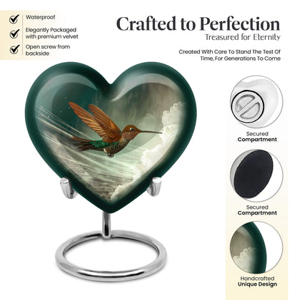 Heart-themed humming bird urn for adult male cremation